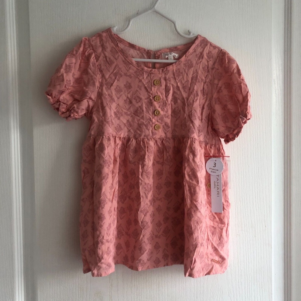 Tahari Girl Dusty Rose Pink Floral Babydoll Top Puff Sleeve‎ Blouse Size 7 NEW